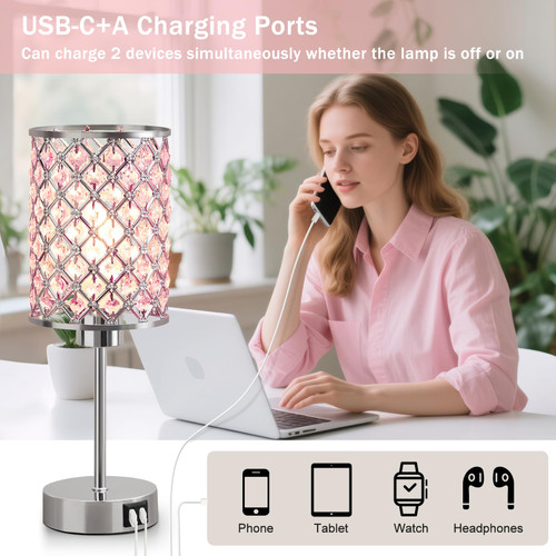 Pink Crystal Bedside Table Lamps Set of 2 with USB C+A Ports