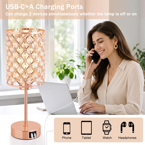 Crystal Table Lamp, Rose Gold Touch Lamp with USB C+A Port, 3-Way Dimmable