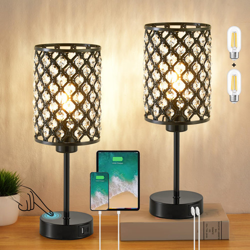 Black Crystal Bedside Table Lamps Set of 2 with USB C+A Ports