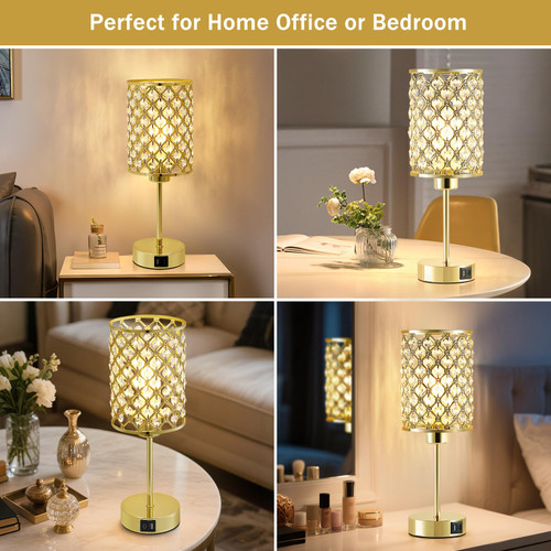 Gold Crystal Bedside Table Lamps Set of 2 with USB C+A Ports