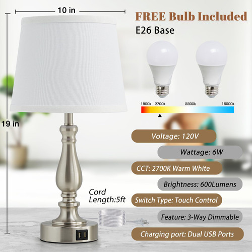 Table Lamps for Bedrooms Set of 2 - Touch Bedside Lamps with USB C+A Ports,Dimmable White Nightstand Lamps for End Tables, Farmhouse Night Stand Lamps for Living Room Bed Side Guest Room