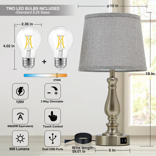 Table Lamps for Bedroom Set of 2,Dimmable Touch Bedside Lamps with Dual USB A+C Ports - Nightstand Lamp for End Table Modern Night Stand Lamps for Living Room Guest Room
