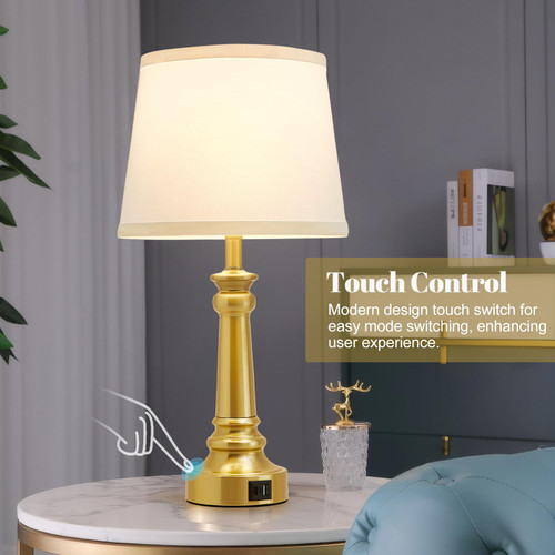 Touch Lamps for Nightstand Set of 2 - Gold Table Lamp for Bedroom Dimmable Bedside Lamps with USB C+A Ports - Lamps for Night Stands Living Room End Table,2 LED Bulbs Included
