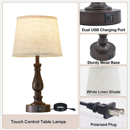 Table Lamps for Bedrooms Set of 2 - Touch Bedside Lamps with USB C+A Ports - Dimmable Nightstand Lamps for End Tables Farmhouse Night Stand Lamps for Living Room Bed Side Guest Room