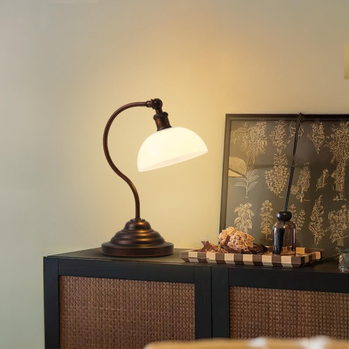 Cordless Table Lamp, Battery Operated Vintage Desk Light, Bronze & White
