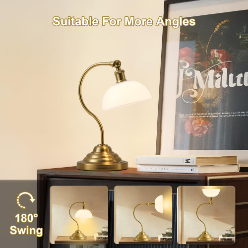 Cordless Table Lamp, Battery Operated Vintage Desk Light, Brass & White