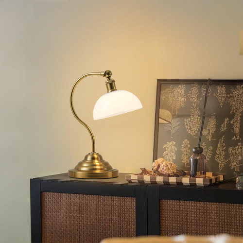 Cordless Table Lamp, Battery Operated Vintage Desk Light, Brass & White