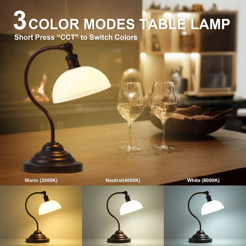 Cordless Table Lamp, Battery Operated Vintage Desk Light, Bronze & White