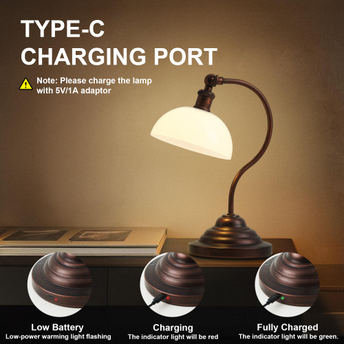 Cordless Table Lamp, Battery Operated Vintage Desk Light, Bronze & White