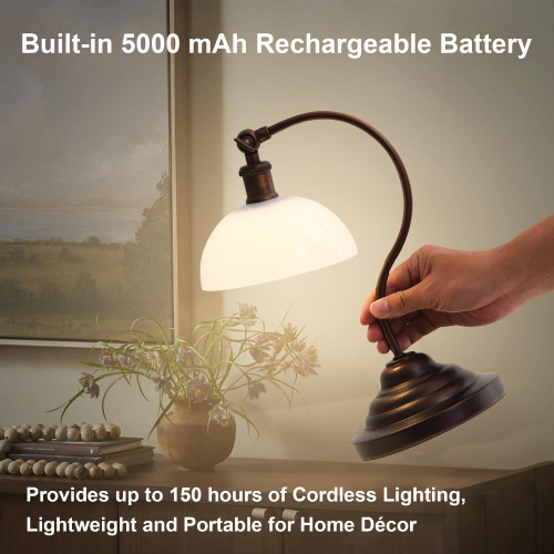 Cordless Table Lamp, Battery Operated Vintage Desk Light, Bronze & White