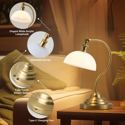Cordless Table Lamp, Battery Operated Vintage Desk Light, Brass & White