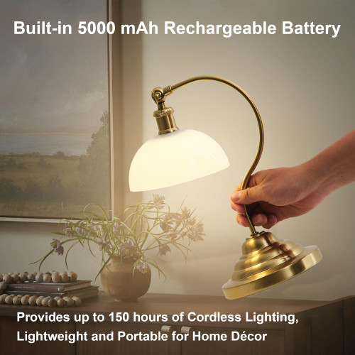 Cordless Table Lamp, Battery Operated Vintage Desk Light, Brass & White