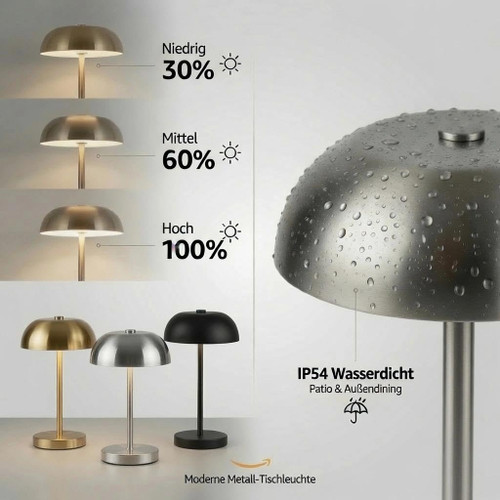 2 Pack Portable LED Mushroom Table Lamp, Metal Cordless Desk Night Light, Stepless Dimming Touch Lamp with 3 Colors for Bedroom Bedside Restaurant Bar, Golden