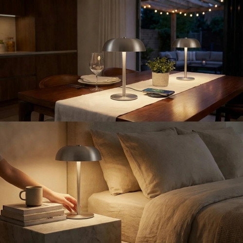 2 Pack Portable LED Mushroom Table Lamp, Metal Cordless Desk Night Light, Stepless Dimming Touch Lamp with 3 Colors for Bedroom Bedside Restaurant Bar, Sliver