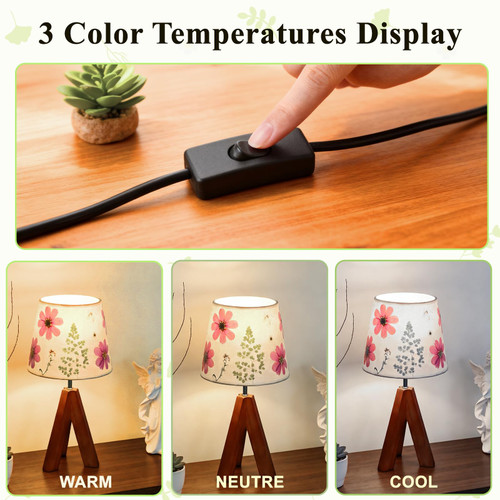 Dried Flowers Tripod Table Lamp 14.17in, 9W LED 3-Color Cute Bedside Lamp with Flowers Linen Lampshade for Nursery, Bedroom, Kid Room, Living Room, Light Brown Wooden Base