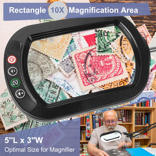 10X Large Magnifying Glass with Light and lamp, Real Glass, 5 Color Modes, Stepless Dimmable, Lighted Magnifier with Stand Hands Free, LED Swing Arm Desk Lamp for Close Work, Craft, Reading, Painting