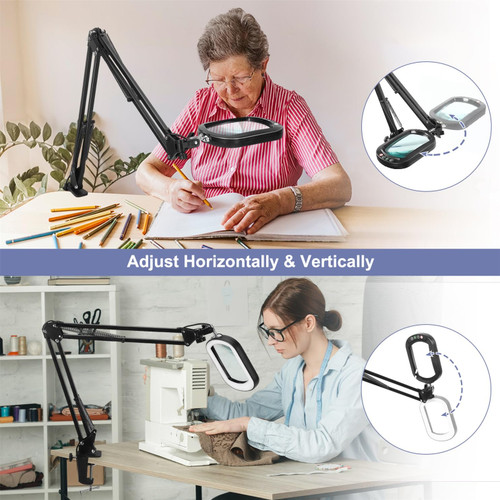 10X Large Magnifying Glass with Light and lamp, Real Glass, 5 Color Modes, Stepless Dimmable, Lighted Magnifier with Stand Hands Free, LED Swing Arm Desk Lamp for Close Work, Craft, Reading, Painting