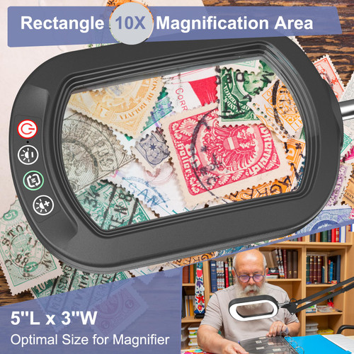 16" Extra Long Magnifying Glass with Light and Clamp, Real Glass, 5 Color Modes, Stepless Dimmable, Lighted Magnifier with Stand Hands Free, LED Swing Arm Desk Lamp for Close Work, Craft, Black