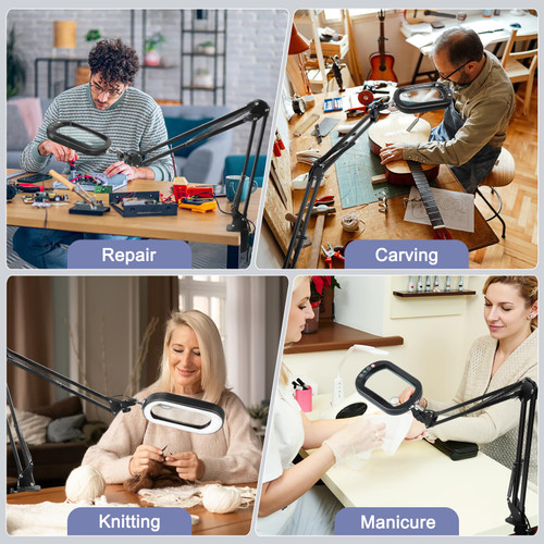 30X 10X Large Magnifying Glass with Light and Clamp, Real Glass, 5 Color Modes, Stepless Dimmable, Lighted Magnifier with Stand Hands Free, LED Swing Arm Desk Lamp for Close Work, Craft, Painting
