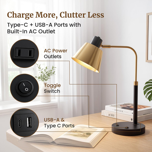 Desk Lamp with USB-C, USB-A and AC Outlet, Adjustable E26 Table Lamp for Home Office and Bedside Reading, Matte Black and Brushed Brass-Look, Bulb Not Included