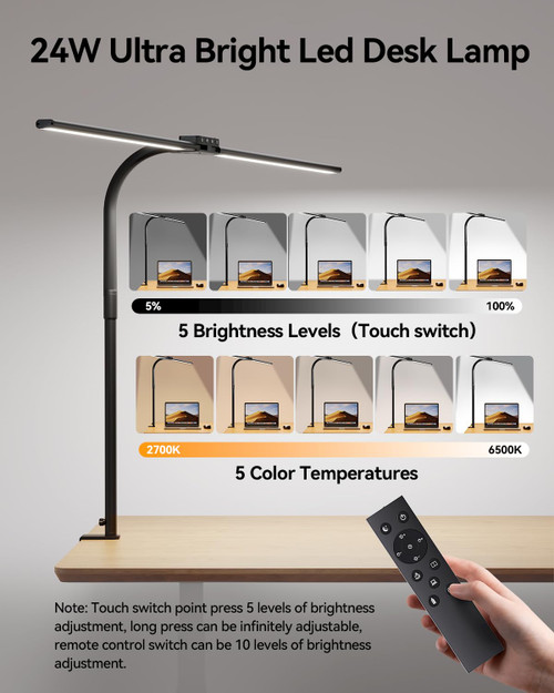 LED Desk Lamp for Home Office - 24W Eye-Caring Architect Clamp Light for Dual Monitors, Bright Task Light with USB Port, Touch Dimming, 5 Colors & 50 Modes, Flexible Gooseneck for Read, Study, Craft