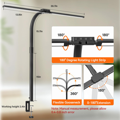 LED Desk Lamp for Home Office - 24W Eye-Caring Architect Clamp Light for Dual Monitors, Bright Task Light with USB Port, Touch Dimming, 5 Colors & 50 Modes, Flexible Gooseneck for Read, Study, Craft