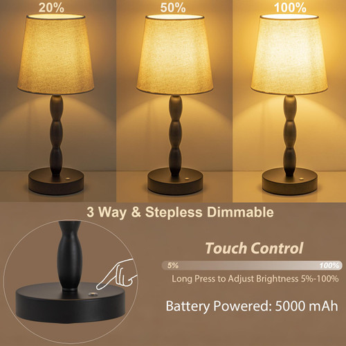 Rechargeable Cordless Table Lamp, 5000mAh Battery Powered Touch Desk Lamp, 3-Level & Stepless Dimmable Night Light, Portable Bedside Lamp for Bedroom, Outdoor, Bulb Included, Black