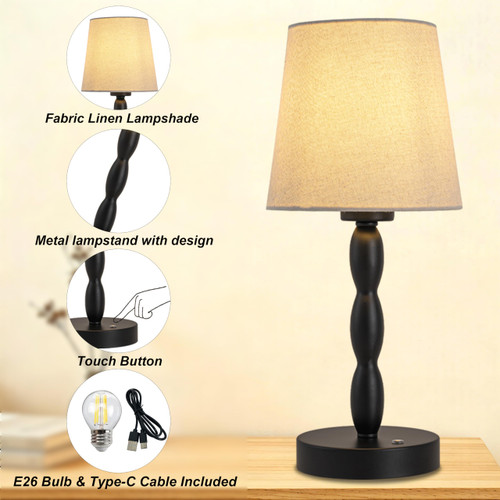 Rechargeable Cordless Table Lamp, 5000mAh Battery Powered Touch Desk Lamp, 3-Level & Stepless Dimmable Night Light, Portable Bedside Lamp for Bedroom, Outdoor, Bulb Included, Black
