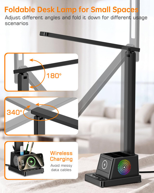 LED Desk Lamp for Home Office,15W Wireless Charger Pen Holder, Black