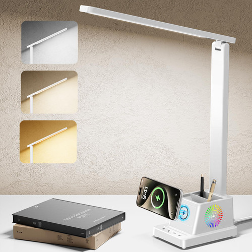 LED Desk Lamp for Home Office,15W Wireless Charger Pen Holder, White