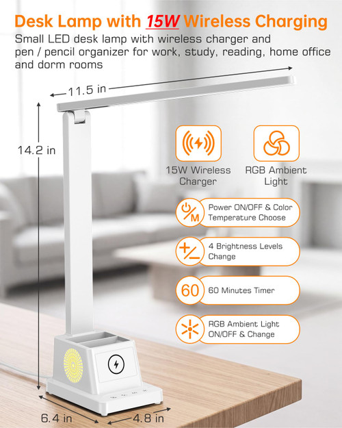 LED Desk Lamp for Home Office,15W Wireless Charger Pen Holder, White