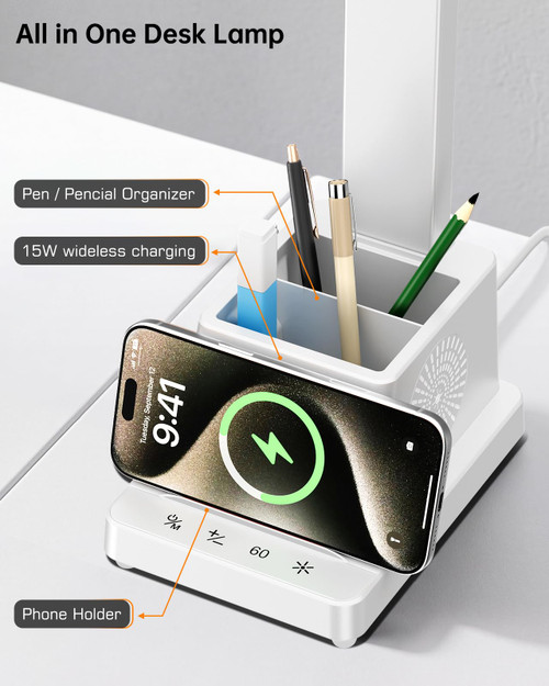 LED Desk Lamp for Home Office,15W Wireless Charger Pen Holder, White