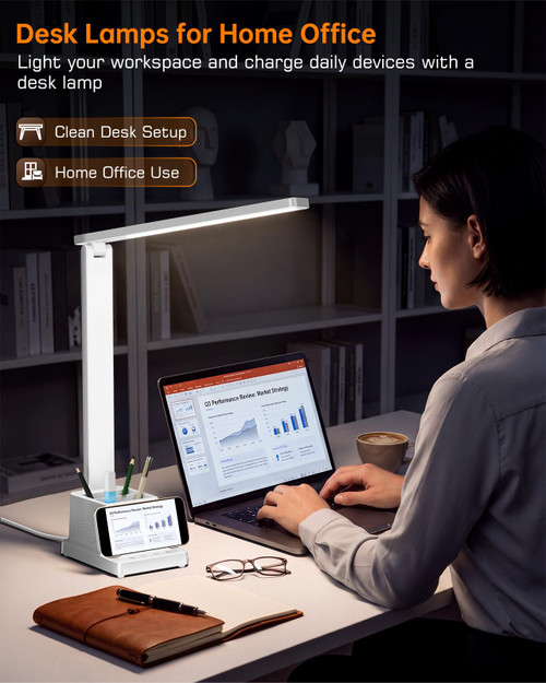 LED Desk Lamp for Home Office,15W Wireless Charger Pen Holder, White
