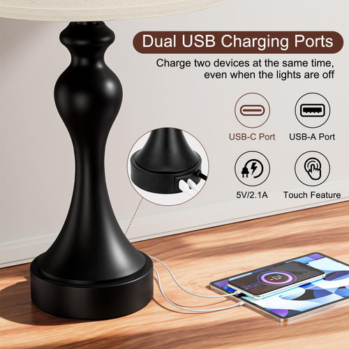Touch Lamps for Nightstand, 3 Way Dimmable Bedside Lamps with USB C+A Ports