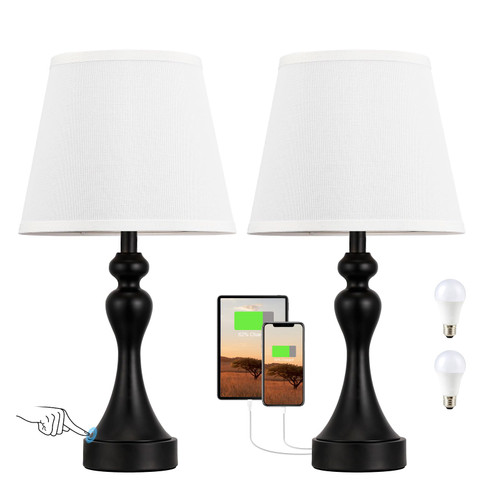 Touch Lamps for Nightstand, 3 Way Dimmable Bedside Lamps with USB C+A Ports