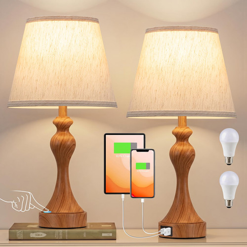 Touch Lamps for Nightstand, 3 Way Dimmable Bedside Lamps with USB C+A Ports