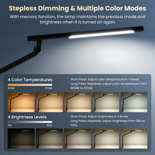 LED Desk Lamp with Clamp, 18W Dual Light Architect Desk Light, Adjustable Swing Arm RGB Light Sensor Switch, Eye-Caring 4 Modes Stepless Dimming Table Lamp for Home Office Reading Study Gaming