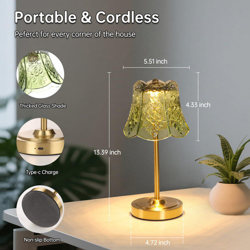 Cordless Touch Table Lamp with 5200mAh Battery - 3 Adjustable Color Temperatures & Dimmable, Rechargeable Desk Lamp for Bedroom, Living Room, Office, Entryway, Bookshelves (Green Rose)