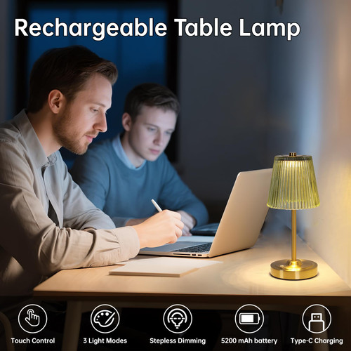 Cordless Touch Table Lamp with 5200mAh Battery - 3 Adjustable Color Temperatures & Dimmable, Rechargeable Desk Lamp for Bedroom, Living Room, Office, Entryway, Bookshelves (Green Stripe)