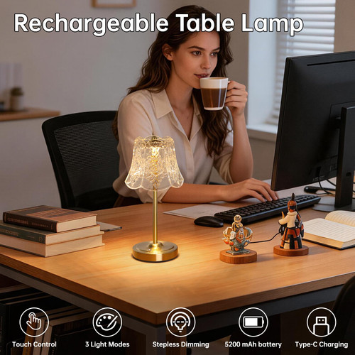 Cordless Touch Table Lamp with 5200mAh Battery - 3 Adjustable Color Temperatures & Dimmable, Rechargeable Desk Lamp for Bedroom, Living Room, Office, Entryway, Bookshelves (Transparent Rose)