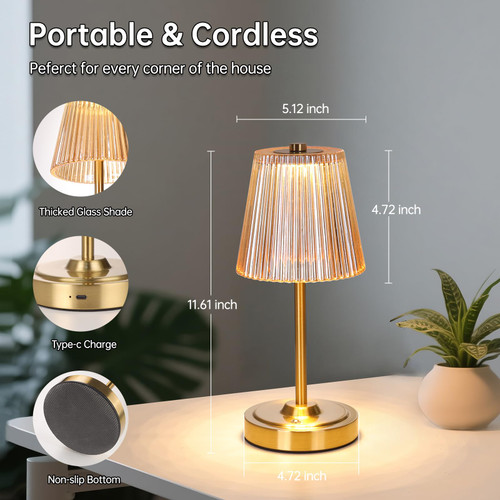 Cordless Touch Table Lamp with 5200mAh Battery - 3 Adjustable Color Temperatures & Dimmable, Rechargeable Desk Lamp for Bedroom, Living Room, Office, Entryway, Bookshelves (Amber Stripe)
