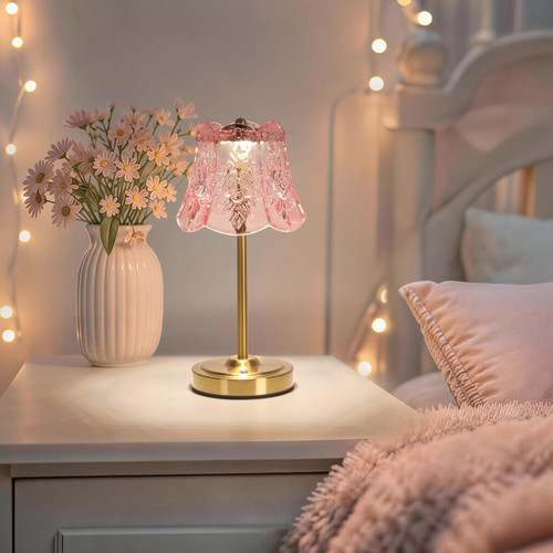 Cordless Touch Table Lamp with 5200mAh Battery - 3 Adjustable Color Temperatures & Dimmable, Rechargeable Desk Lamp for Bedroom, Living Room, Office, Entryway, Bookshelves (Clear Pink Rose)