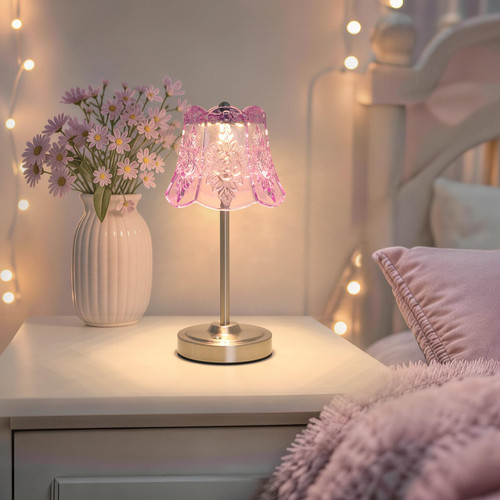 Cordless Touch Table Lamp with 5200mAh Battery - 3 Adjustable Color Temperatures & Dimmable, Rechargeable Desk Lamp for Bedroom, Living Room, Office, Entryway, Bookshelves (Clear Purple Rose)
