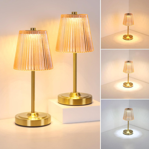 Set of 2 Cordless Touch Table Lamp with 5200mAh Battery - 3 Adjustable Color Temperatures & Dimmable, Rechargeable Lamp for Bedsides, Living Room, Entryway, Bookshelves (Amber Stripe)