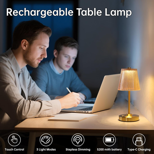 Set of 2 Cordless Touch Table Lamp with 5200mAh Battery - 3 Adjustable Color Temperatures & Dimmable, Rechargeable Lamp for Bedsides, Living Room, Entryway, Bookshelves (Amber Stripe)