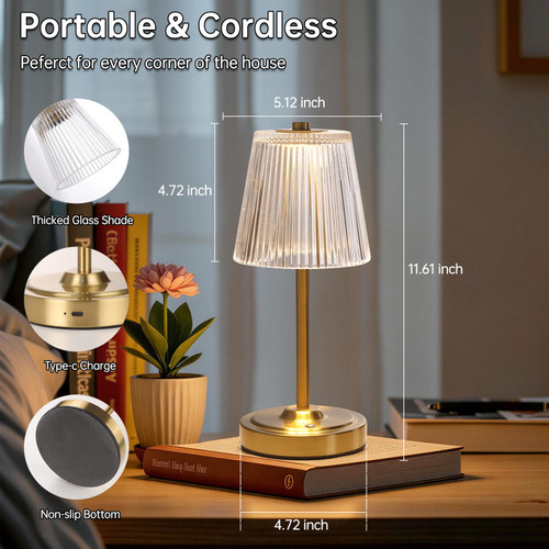 Set of 2 Cordless Touch Table Lamp with 5200mAh Battery - 3 Adjustable Color Temperatures & Dimmable, Rechargeable Lamp for Bedsides, Living Room, Entryway, Bookshelves (Transparent Stripe)