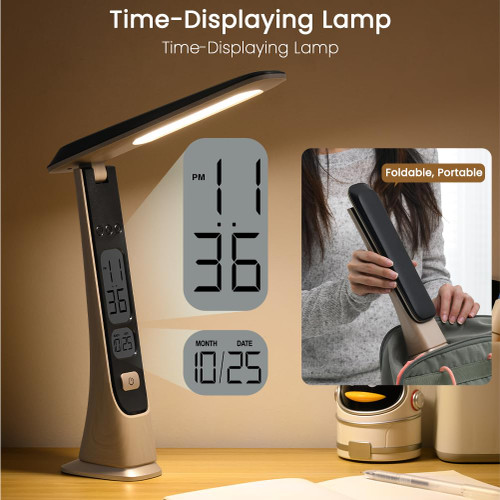 Rechargeable Lamps Cordless Table Lamp, Foldable Portable Desk Lamp, Battery Operated Lights with Stepless Brightness&Time Display for Home Office, Book Lights, Desk Accesories, Tea White