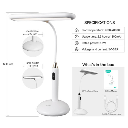 LED Desk Lamp 6778B - Touch Control, Adjustable 2700-7000K Color Temperature, 700 Lumens, 360° Flexible Gooseneck, USB-C Charging, 2.5hrs Cordless, Eye-Caring Light (White)