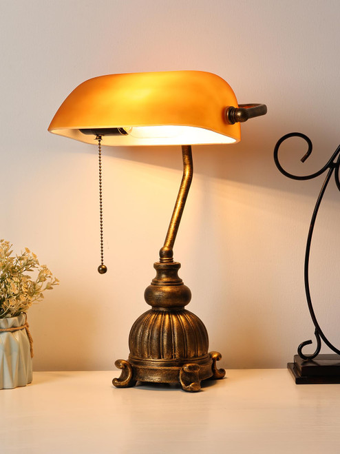 Retro Amber Glass Bankers Desk Lamp,LED Bulb Included