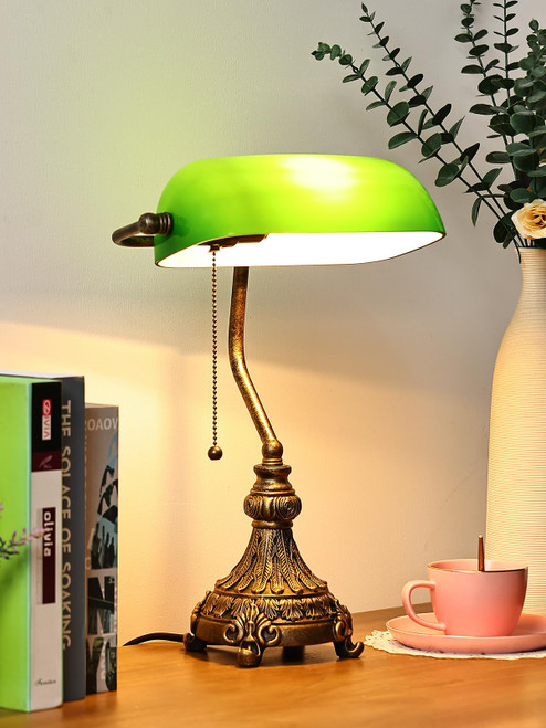 Vintage Green Glass Bankers Desk Lamp, LED Bulb Included